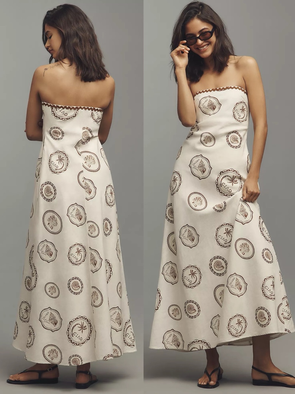 Kivari • Anthropologie Ciao Strapless Maxi Dress white linen print rickrack - Picture 11 of 15